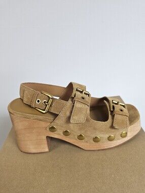 Charlotte Stone Lino Bamboo Color Clog Studded Chunky Suede Heel
